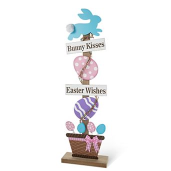 Glitzhome 35.5"H Intricate Easter Wooden Bunny and Eggs Pedestal Porch Decor