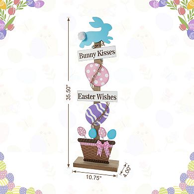 Glitzhome 35.5"H Intricate Easter Wooden Bunny and Eggs Pedestal Porch Decor