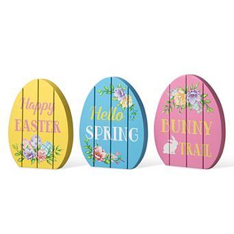Glitzhome 7.5"H Set of 3 Handcrafted Easter Wooden Easter Egg Table Decor