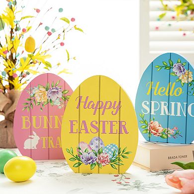 Glitzhome 7.5"H Set of 3 Handcrafted Easter Wooden Easter Egg Table Decor