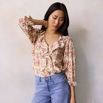 Women's LC Lauren Conrad V-Neck Long Sleeve Cascading Ruffle Front Top
