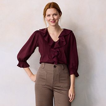 Women's LC Lauren Conrad V-Neck Long Sleeve Cascading Ruffle Front Top