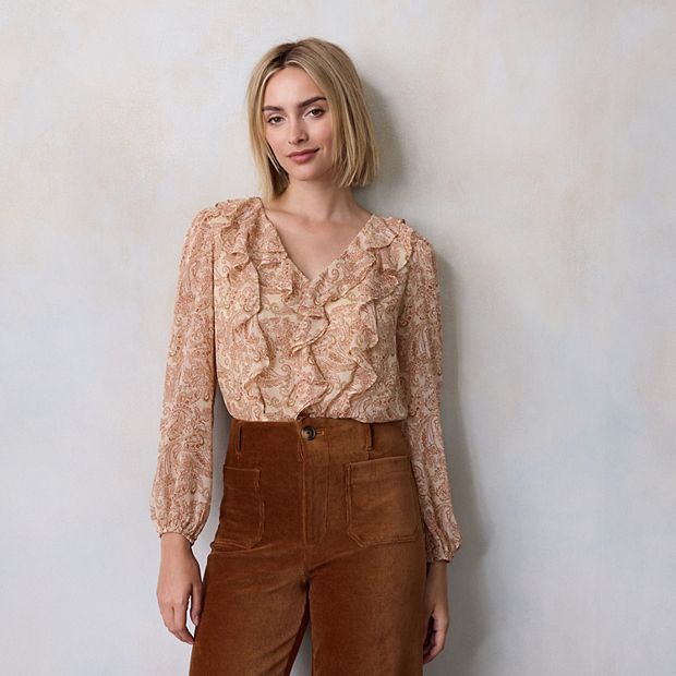 Women's LC Lauren Conrad V-Neck Long Sleeve Cascading Ruffle Top