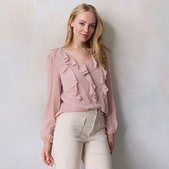 Women's LC Lauren Conrad V-Neck Long Sleeve Cascading Ruffle Top