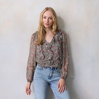 Women's LC Lauren Conrad V-Neck Long Sleeve Cascading Ruffle Top