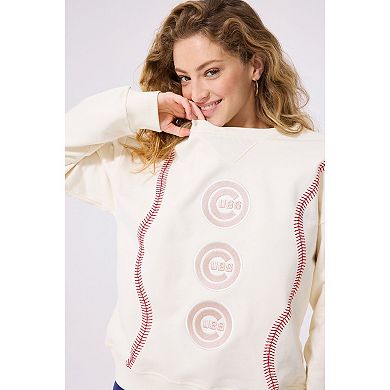 Women's Terez Cream Chicago Cubs Baseball Stitch Pullover Sweatshirt