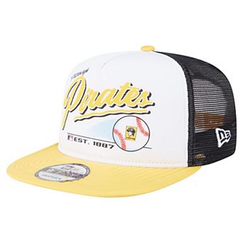 Men's New Era White/Gold Pittsburgh Pirates Retro Script Trucker 9FIFTY Snapback Hat