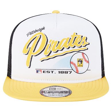 Men's New Era White/Gold Pittsburgh Pirates Retro Script Trucker 9FIFTY Snapback Hat