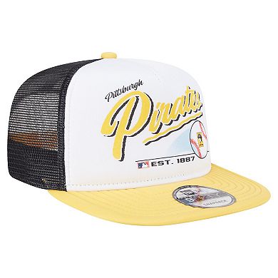 Men's New Era White/Gold Pittsburgh Pirates Retro Script Trucker 9FIFTY Snapback Hat