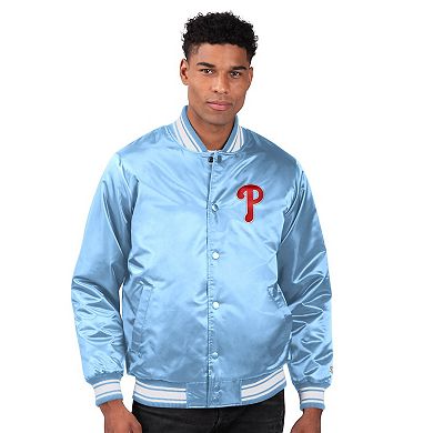 Men's Starter Light Blue Philadelphia Phillies Locker Room Satin Full-Snap Varsity Jacket
