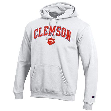 Men's Champion White Clemson Tigers Arched Logo Fleece Pullover Hoodie
