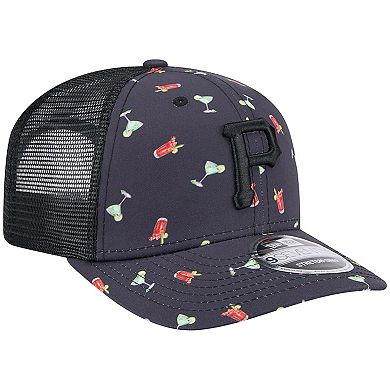 Men's New Era Black Pittsburgh Pirates Adventure Drinks Pattern 9SEVENTY Stretch-Snap Hat