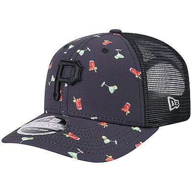 Men's New Era Black Pittsburgh Pirates Adventure Drinks Pattern 9SEVENTY Stretch-Snap Hat