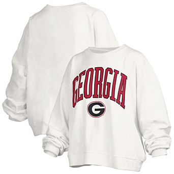 Women's Pressbox White Georgia Bulldogs Janise Arch Over Logo Waist Length Oversized Pullover Sweatshirt