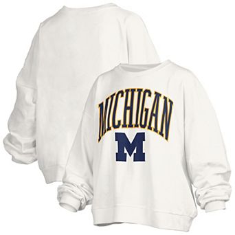 Women's Pressbox White Michigan Wolverines Janise Arch Over Logo Waist Length Oversized Pullover Sweatshirt