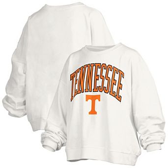 Women's Pressbox White Tennessee Volunteers Janise Arch Over Logo Waist Length Oversized Pullover Sweatshirt