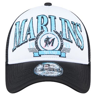 Men's New Era Black Miami Marlins Distressed 9FORTY A-Frame Adjustable Trucker Hat
