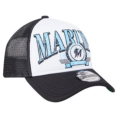 Men's New Era Black Miami Marlins Distressed 9FORTY A-Frame Adjustable Trucker Hat