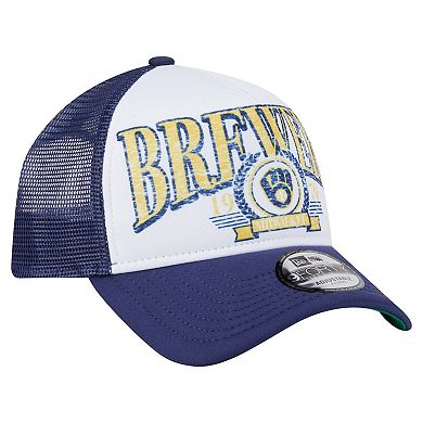Men's New Era Navy Milwaukee Brewers Distressed 9FORTY A-Frame Adjustable Trucker Hat