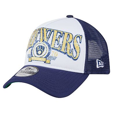 Men's New Era Navy Milwaukee Brewers Distressed 9FORTY A-Frame Adjustable Trucker Hat