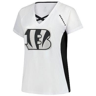 Women's Fanatics White Cincinnati Bengals Plus Size Glitter Lace-Up V- Neck T-Shirt