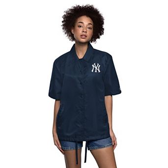 Women's Starter Navy New York Yankees High Post Short Sleeve Full-Snap Coaches Jacket