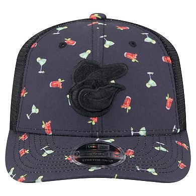 Men's New Era Black Baltimore Orioles Adventure Drinks Pattern 9SEVENTY Stretch-Snap Hat