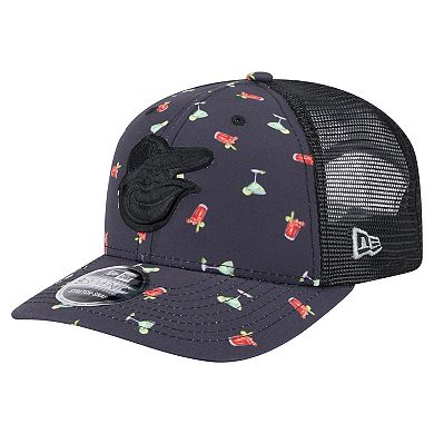 Men's New Era Black Baltimore Orioles Adventure Drinks Pattern 9SEVENTY Stretch-Snap Hat