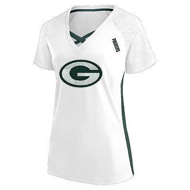 Women's Fanatics White Green Bay Packers Plus Size Glitter Lace-Up V- Neck T-Shirt