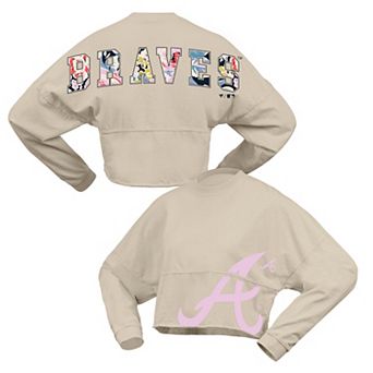 Women's Fanatics Cream Atlanta Braves Floral Preppy Cropped Long Sleeve T-Shirt