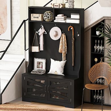 Merax 43.3'' Entryway Bench with Coat Rack, 3-in-1 Design and Adjustable Shelves