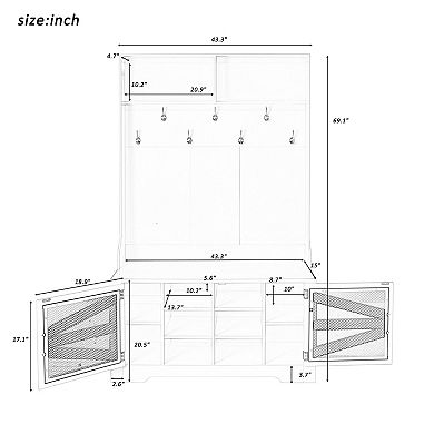 Merax 43.3'' Entryway Bench with Coat Rack, 3-in-1 Design and Adjustable Shelves