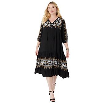 Roaman's Women's Plus Size Tiered Embroidered Dress