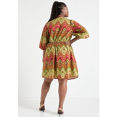 June + Vie Women's Plus Size Ring Cut Out Poplin Shirtdress