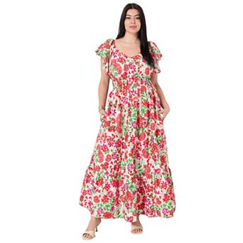 June + Vie Women's Plus Size Smocked Poplin Maxi Dress