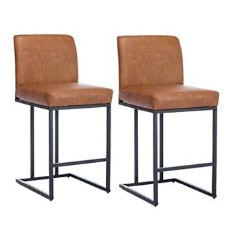 24" Bar Stools Set of 2, Counter Height Bar Stools with Back, Modern PU Leather Barstools