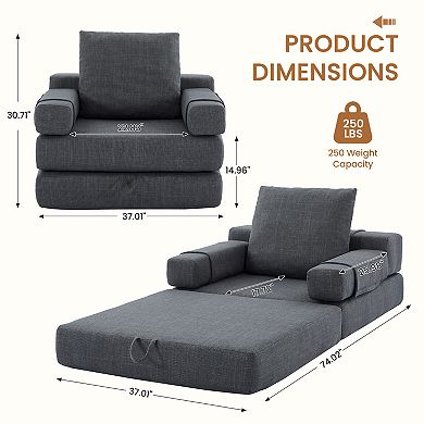 Foldable Linen Sleeper Sofa, Double-Cushion Design
