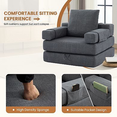 Foldable Linen Sleeper Sofa, Double-Cushion Design
