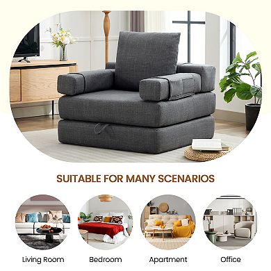 Foldable Linen Sleeper Sofa, Double-Cushion Design