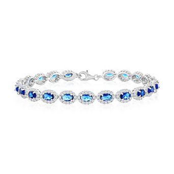 Argento Bella Sterling Silver Oval Blue & White Cubic Zirconia Halo Bracelet