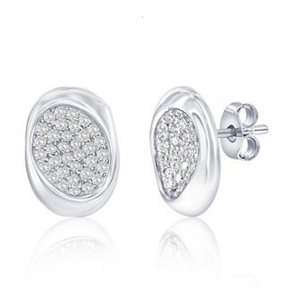 Argento Bella Sterling Silver Cubic Zirconia Pave Polished Puff Oval Stud Earrings