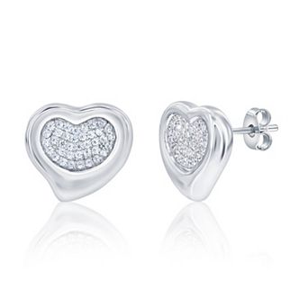 Argento Bella Sterling Silver Cubic Zirconia Pave Polished Puff Heart Stud Earrings