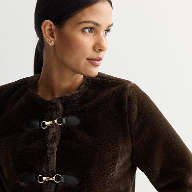 Women's Nine West Collarless Faux Fur Shearling Jacket
