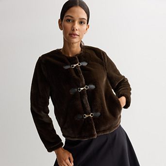 Women's Nine West Collarless Faux Fur Shearling Jacket