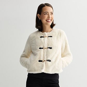 Women's Nine West Collarless Faux Fur Shearling Jacket