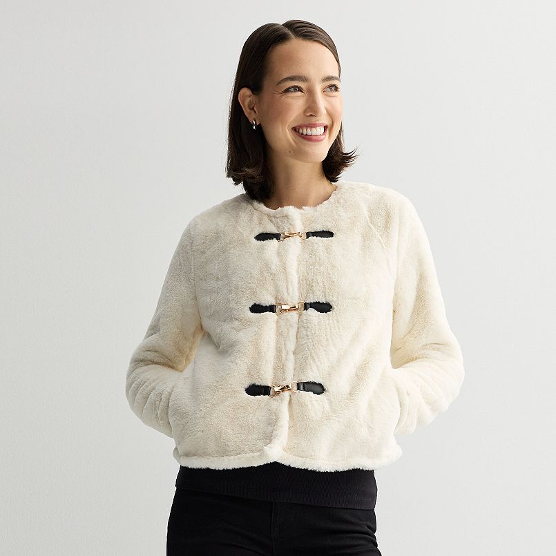 Women's Nine West Collarless Faux Fur Shearling Jacket