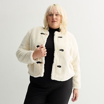 Plus Size Nine West Collarless Faux Shearling Jacket