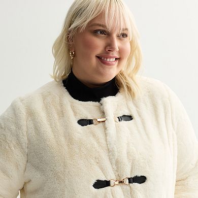 Plus Size Nine West Collarless Faux Shearling Jacket