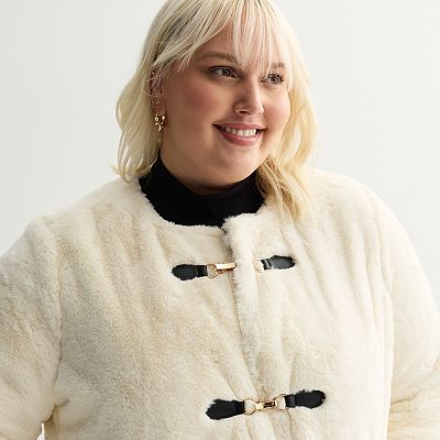 Plus Size Nine West Collarless Faux Shearling Jacket