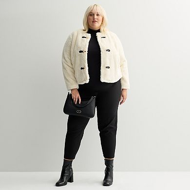 Plus Size Nine West Collarless Faux Shearling Jacket
